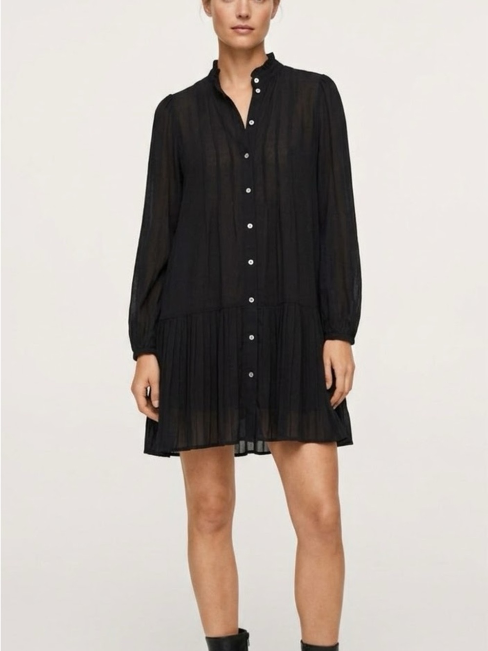 MANGO (MNG) Black Ruffle Neck Pleated Mini Dress / Tunic Sz S Semi-Sheer Boho
